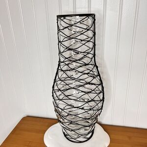 Vintage 17.5“ Caged Fishing Nets Metal Wire Blown Clear Bubble Glass Vase NICE